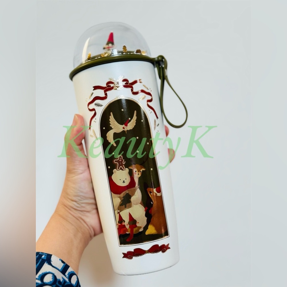 White Christmas w Santa bear  stainless Starbucks dome Vietnam 20 oz